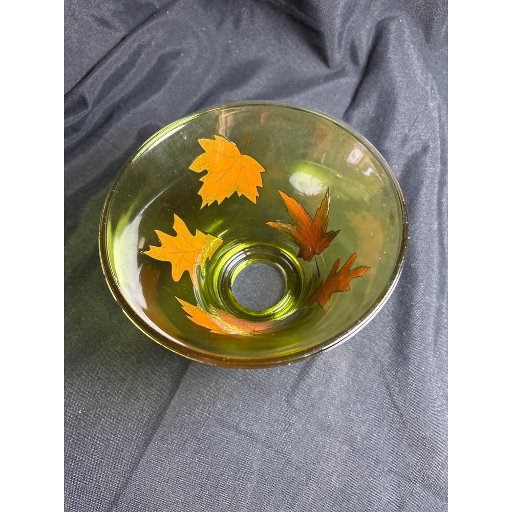 Olive Green Glass Candle Shade Hand Painted‎ Fall Autumn Leaves Jar Topper 6.5in - Picture 4 of 9